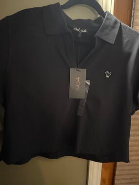Bad Birdie Black Cropped Polo with Embroidered Bird